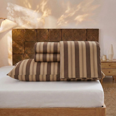 100% Cotton Sheet Set Queen Size - Brown Striped Bedding, Soft Breathable Percale Weave, Deep Pocket Fitted Sheet 17.5", Luxury & Silky Soft Sheet Set for All Seasons