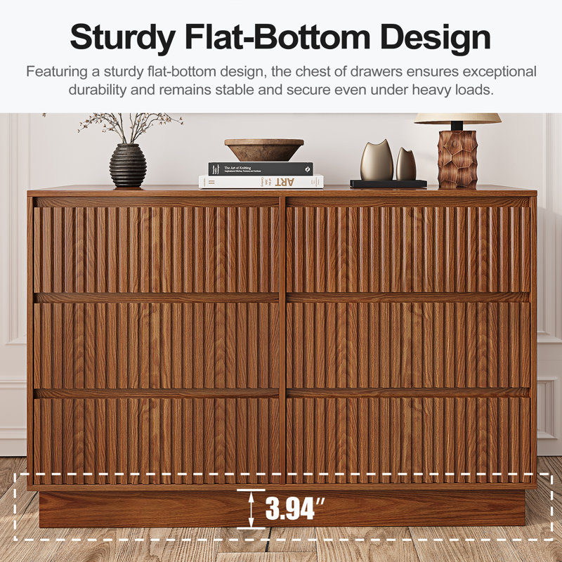 6-Drawer 47.3" W Double Dresser with Walnut Wave-Patterned Fluted Panel