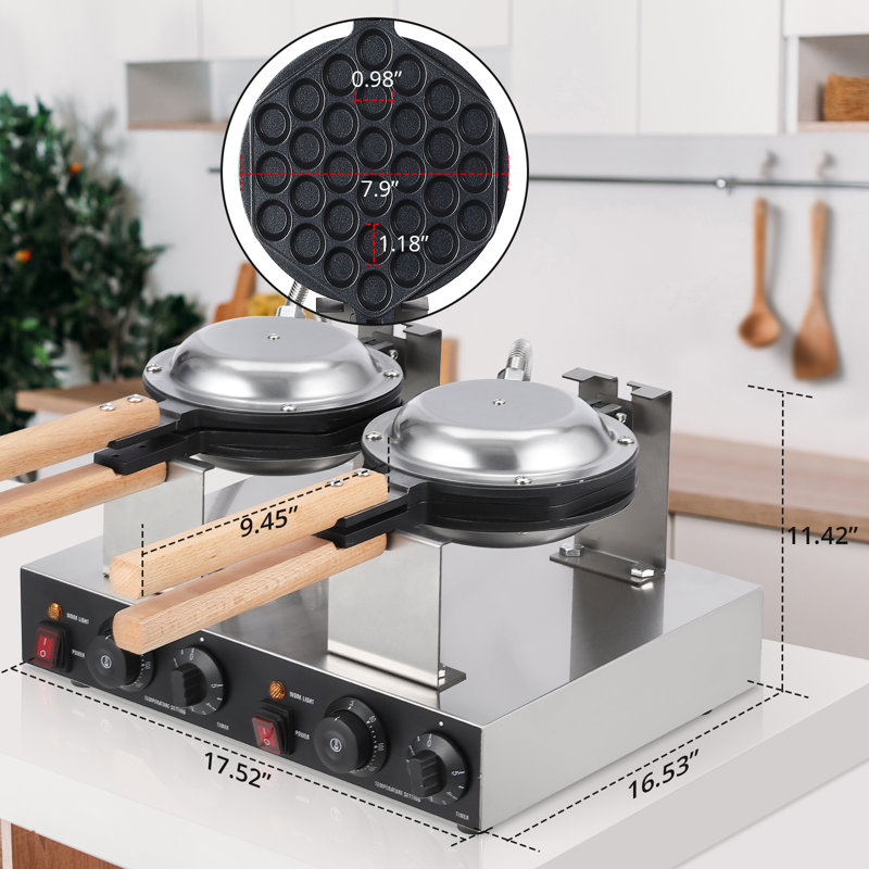 Gaufrier à double bulles 17 pouces argenté commercial 2800W et 1400W Plaques antiadhésives en acier inoxydable à température et minuterie réglables, rotation à 180 °