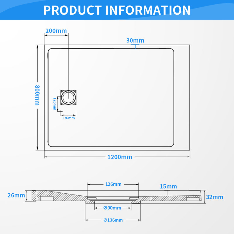 Slip-Resistance 32mm H Rectangular Black Shower Tray, 3.2cm H x 80cm W x 120cm D