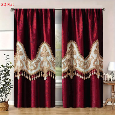 Ensemble de 2 rideaux de fenêtre de luxe de style européen avec panneaux de rideau élégants avec cantonnière festonnée à broderie florale dorée et garniture de perles suspendues pour le salon