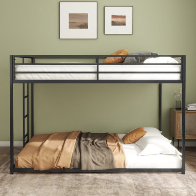 Lit superposé double sur double, structure en métal noir, profil bas avec échelle stable - Lit superposé durable pour enfants et adultes