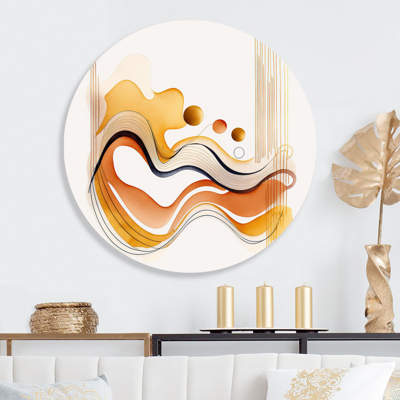 «Burnt Orange Waves Abstract III - Abstract Minimalisme», art mural rond sur métal, L 29 po x H 29 po