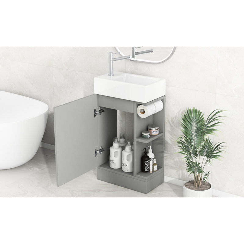 Meuble-lavabo moderne gris 18,6 po avec armoire et lavabo en céramique, meuble-lavabo à tablettes pliable, Gray