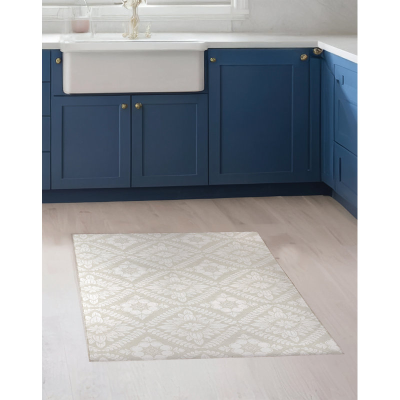 Talia Geometric Floral Kitchen Mat, Rectangle 3' x 5', Ivory