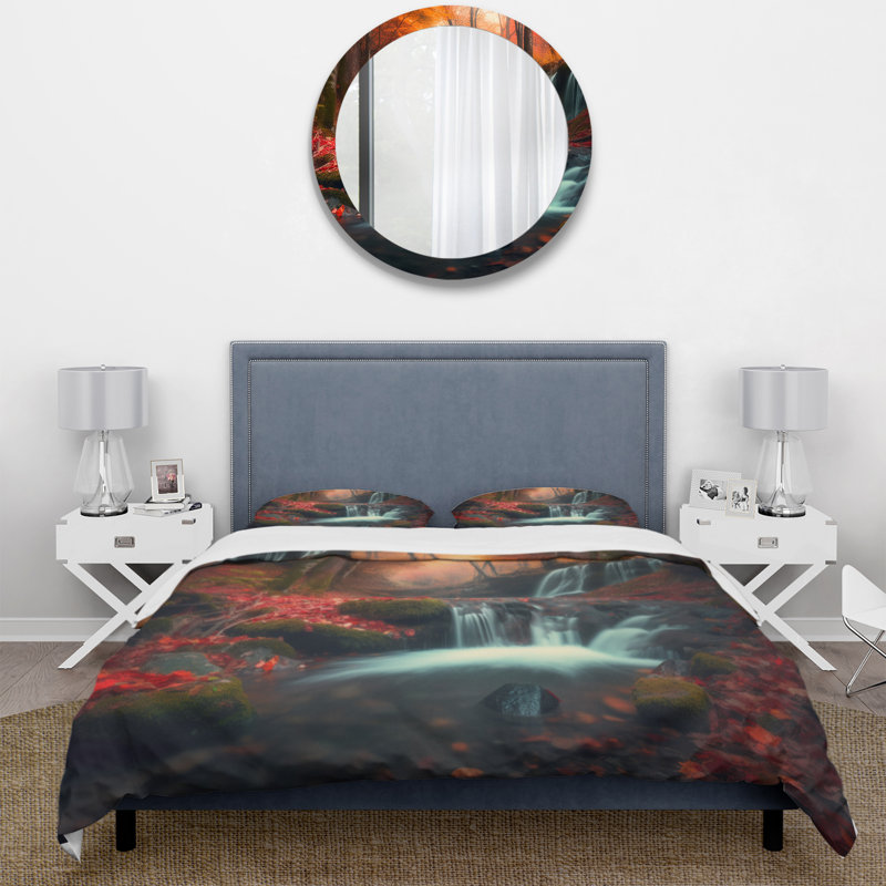 Waterfall In Fall Forest I - Ensemble de housse de couette Mountains - Microfibre de polyester