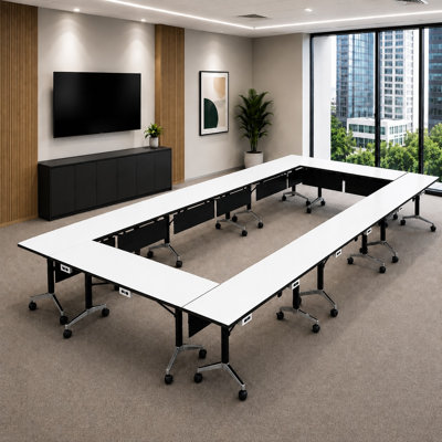 Tables de formation mobiles commerciales avec alimentation intégrée | Ensemble de 8 | Tables gigognes pliables de 80 po | Roulettes verrouillables | Mobilier de salle de conférence et de classe | Blanc | Sièges 16