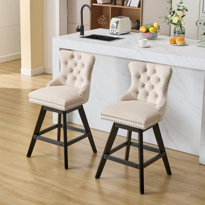 Swivel Velvet Barstools with Button Tufted Decoration and Wooden Legs, and Chrome Nailhead Trim, Leisure Style Bar Chairs,Bar stools, Set of 2 (Beige)