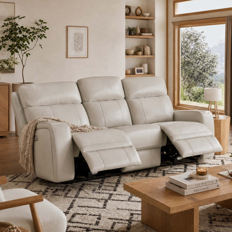 Canapé inclinable électrique 85,4 po en cuir véritable avec port USB, Denali ivoire