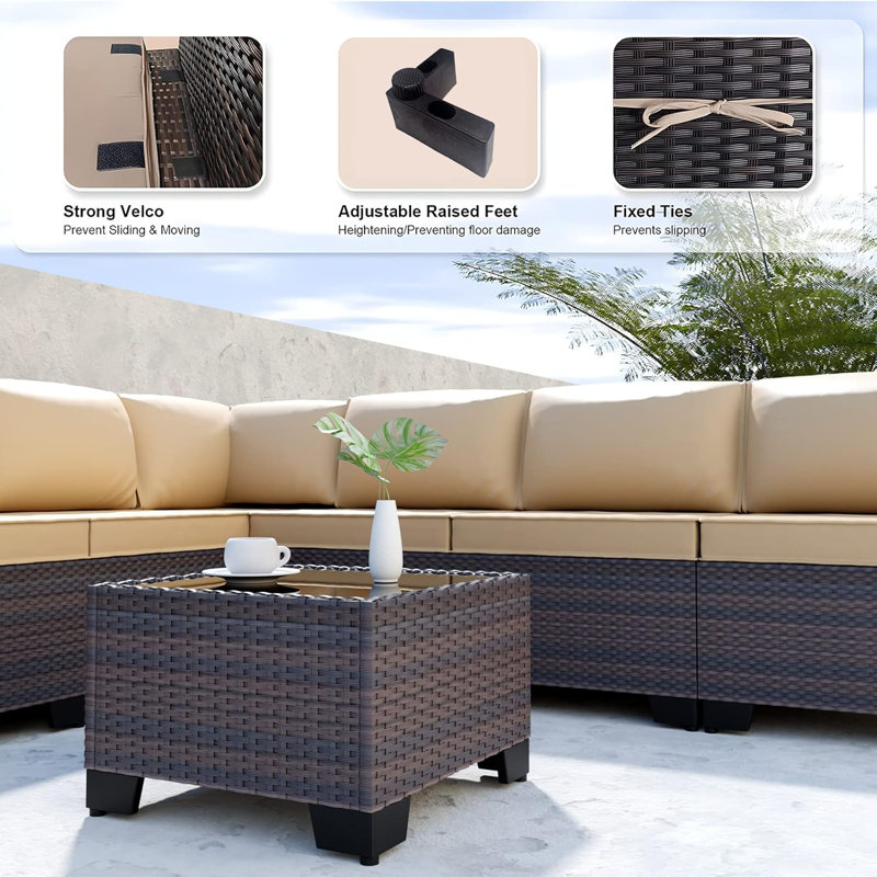 Yasmina 9-Piece Rattan Sectional Seating Group with Cushions And Tempered Glass Table, Sand