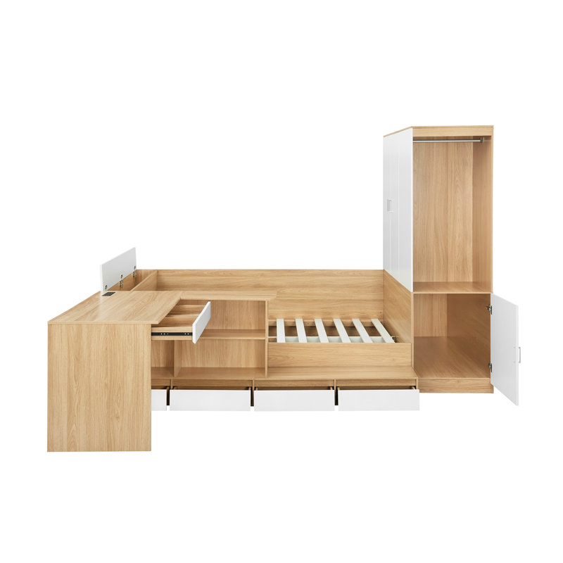 Lit plateforme en bois avec 6 tiroirs, tablettes ouvertes, bureau et garde-robe, Naturel