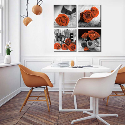 Orange brûlé, art mural floral pour le salon, la salle de bain, les photos de fleurs roses rétro, la chambre à coucher, le rustique, le moderne, le noir et le blanc, sur toile, la cuisine, le bureau, la décoration intérieure, 12 x 12 po, 4 pièces