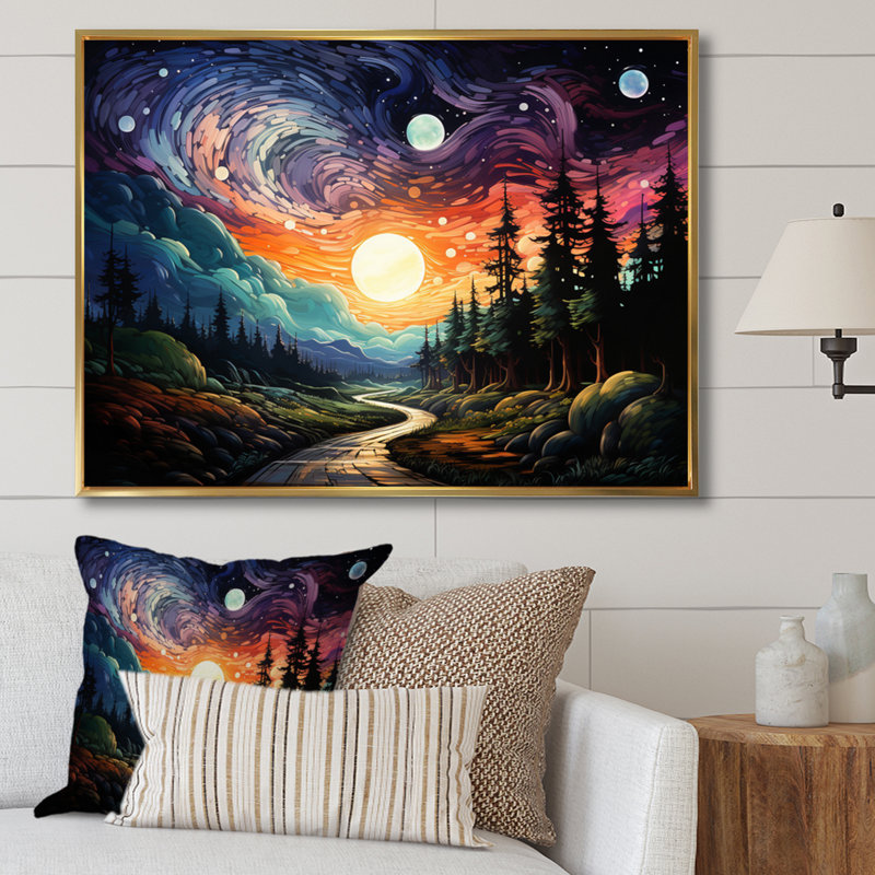 Colourful Northernlights Road To Infinity II - Landscapes Wall Art Prints, 24" H x 32" W, Cadre flottant doré