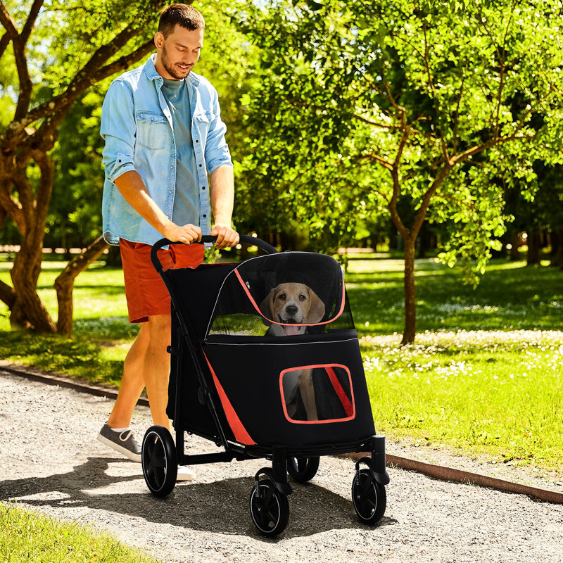 Poussette pour chien de taille moyenne à grande, pliable en 1 clic, pochette de rangement, amortisseur de chocs, moustiquaire, laisse, équipement de voyage pliable noir, option, réduction, ouverture, attache,
