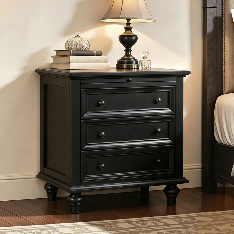 Albers Traditional 3-Drawer Nightstand with Pull-out Shelf and Solid Wood Legs, Black, Individual