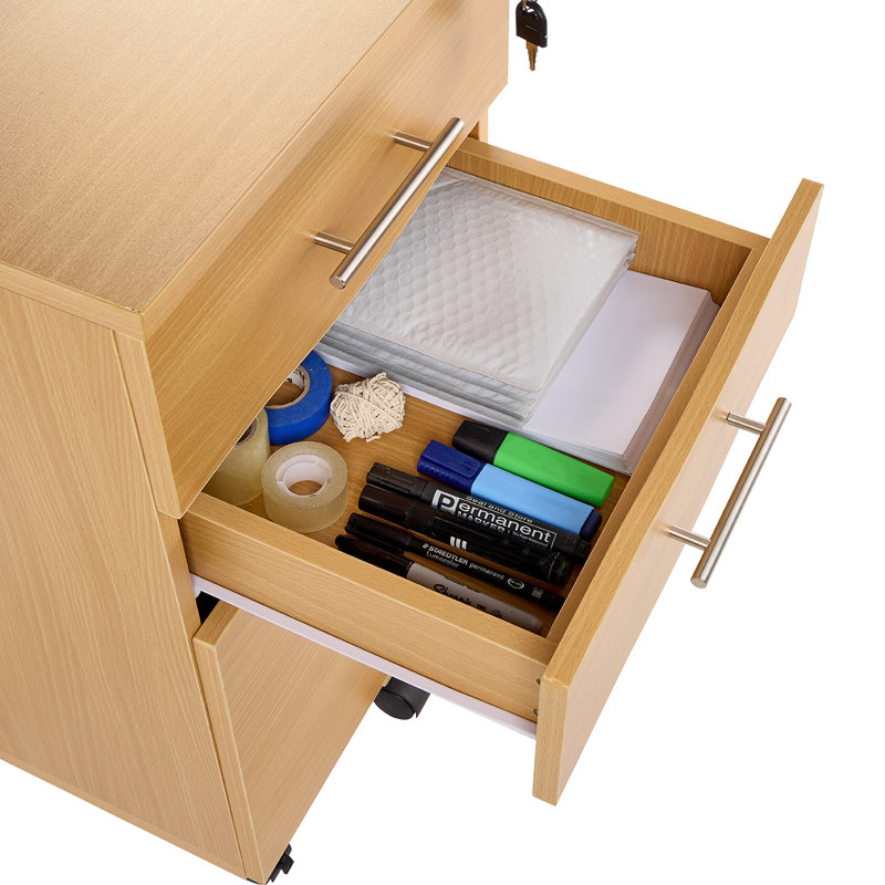 Denzel Under Desk Mobile Pedestal 3 Drawer Unit, Filing Cabinet, Beech