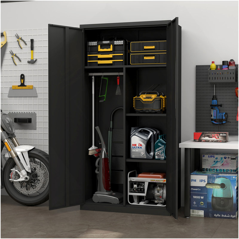 Black Metal Large-Capacity Wardrobe With Hanging Rod And Compartments, Lockable Closet With Locks & Keys, Steel Construction, Waterproof & Fireproof, Suitable For Bedroom, Living Room And Laundry Room