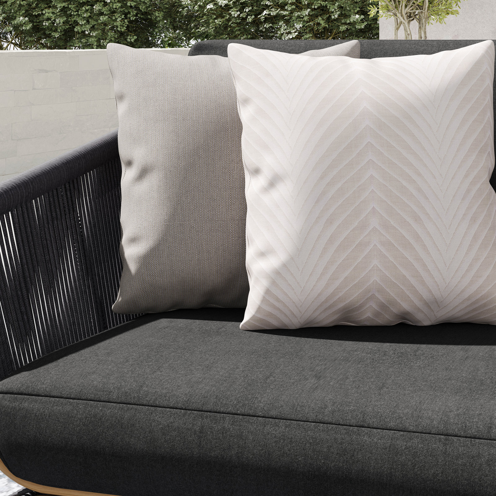 Carlen 3-Person Sunbrella® Patio Seating Group, Spectrum Carbon Cushion/Dark Gray/Brown Frame