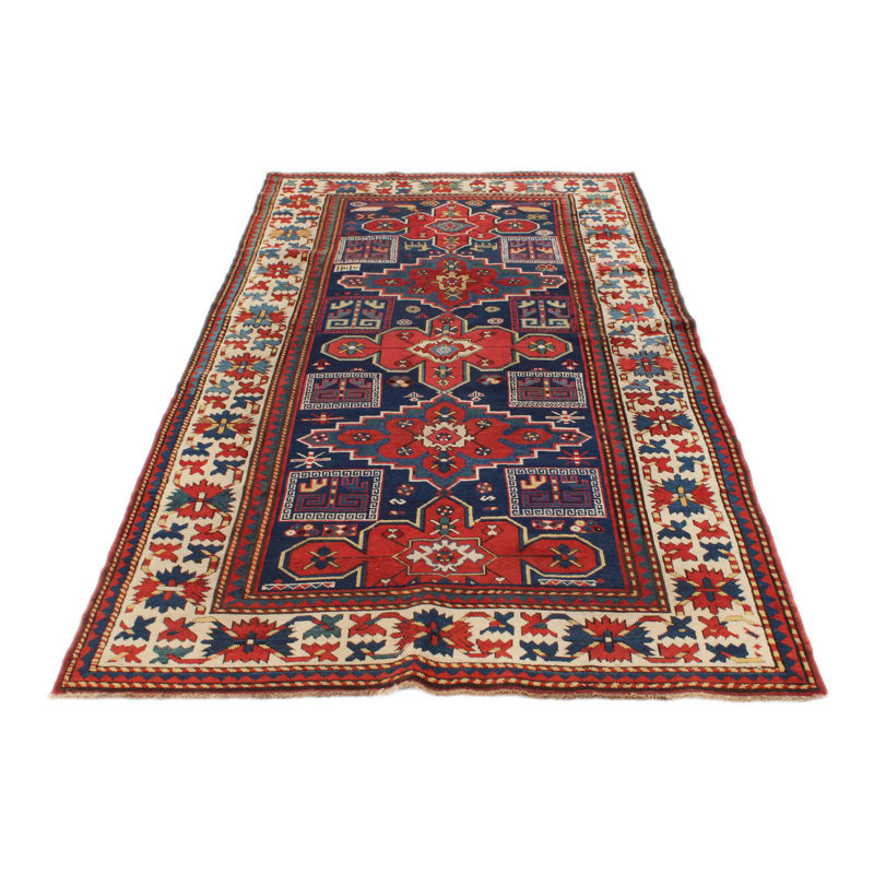 Tapis tribal Kazak 4 x 9 bleu marine et ivoire