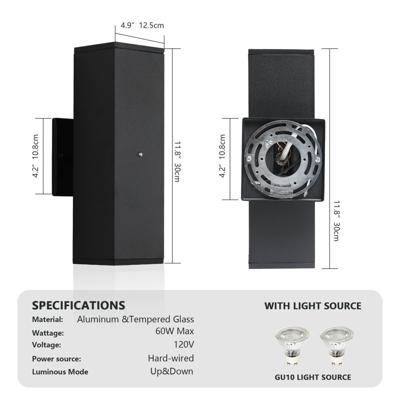 2 Pack Black Square Outdoor Wall Light Fixtures, Dusk To Dawn Sensor Exterior Wall Sconce, Ip65 Waterproof Up Down Lighting For Porch Patio Garage Front Door
