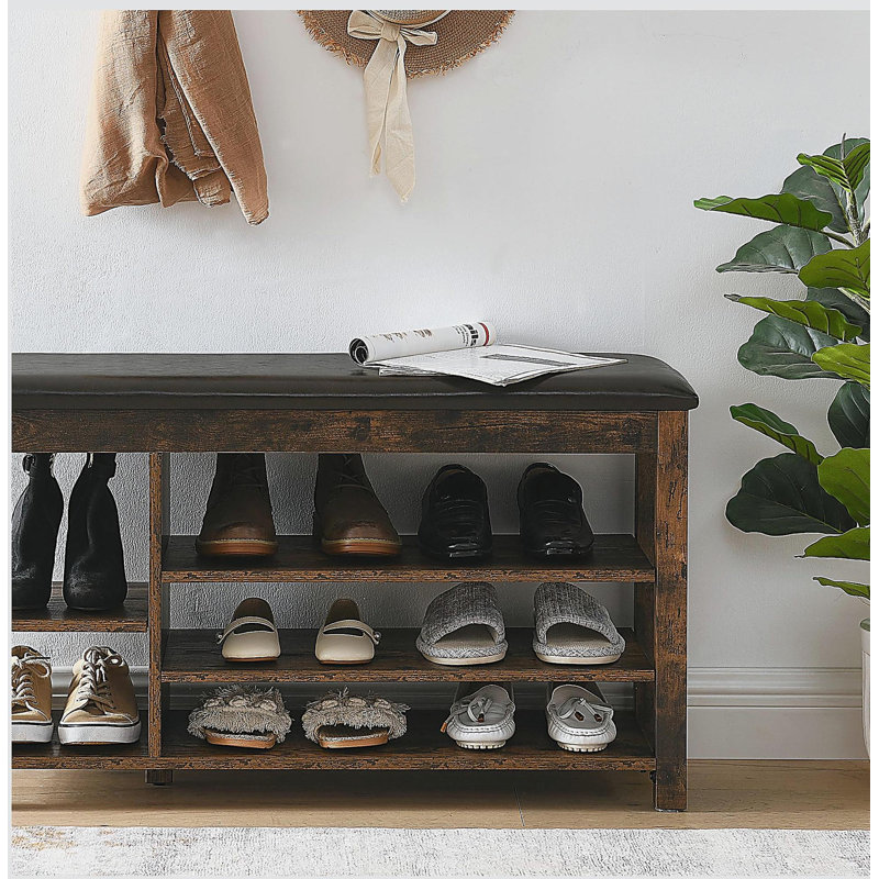 Un banc de rangement à chaussures réglable en hauteur en bois d'hévéa naturel comprend un siège confortable, un espace de rangement dissimulé et de grands compartiments de rangement