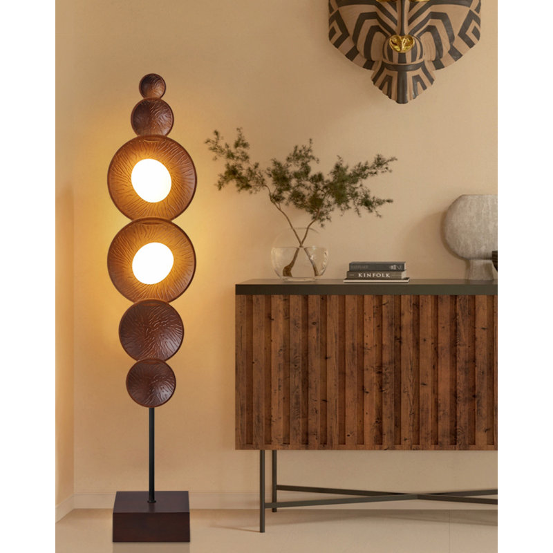 Lampe sur pied Mid-Century en chêne et fer forgé
