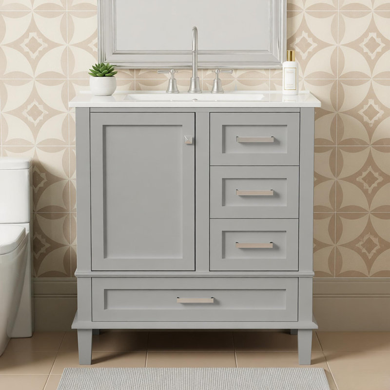 Ensemble de meuble-lavabo moderne avec lavabo 30 po, meuble-lavabo moderne avec porte à fermeture douce et 3 tiroirs, structure en bois massif