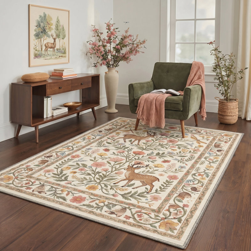 Fawnwood Floral Machine Washable Beige / Green Indoor Area Rug with Non-Slip Backing, Rectangle 9' x 12'