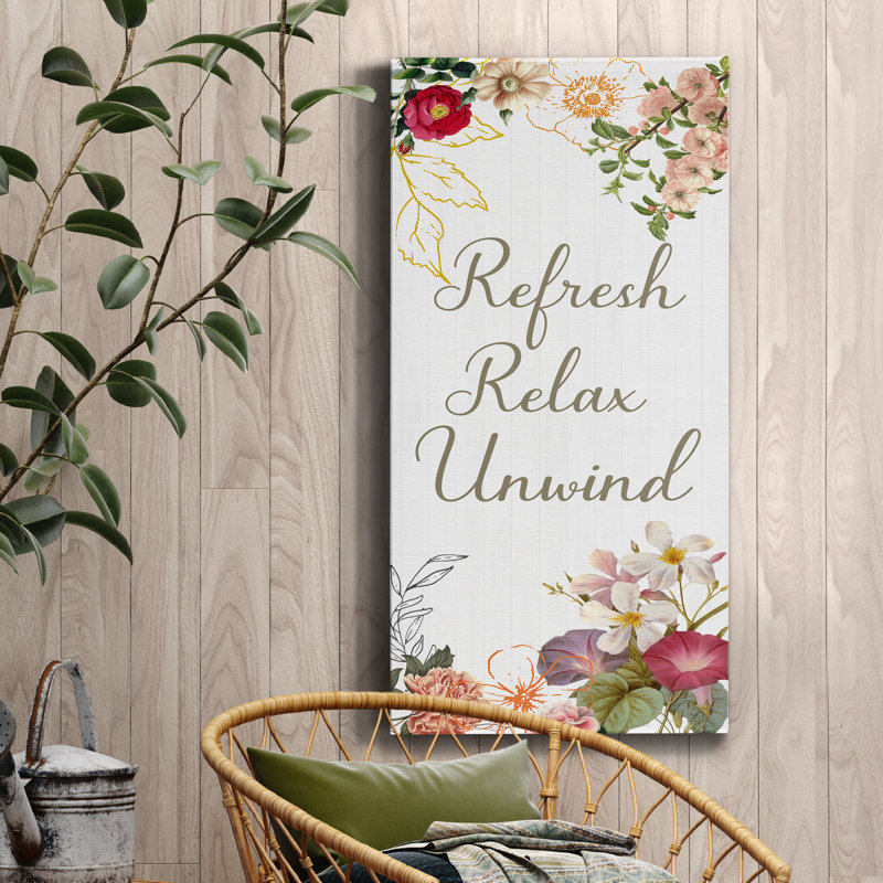 «Refresh, Relax, Unwind», art textuel sur toile tendue, H 16 po x l 8 po x P 1 po