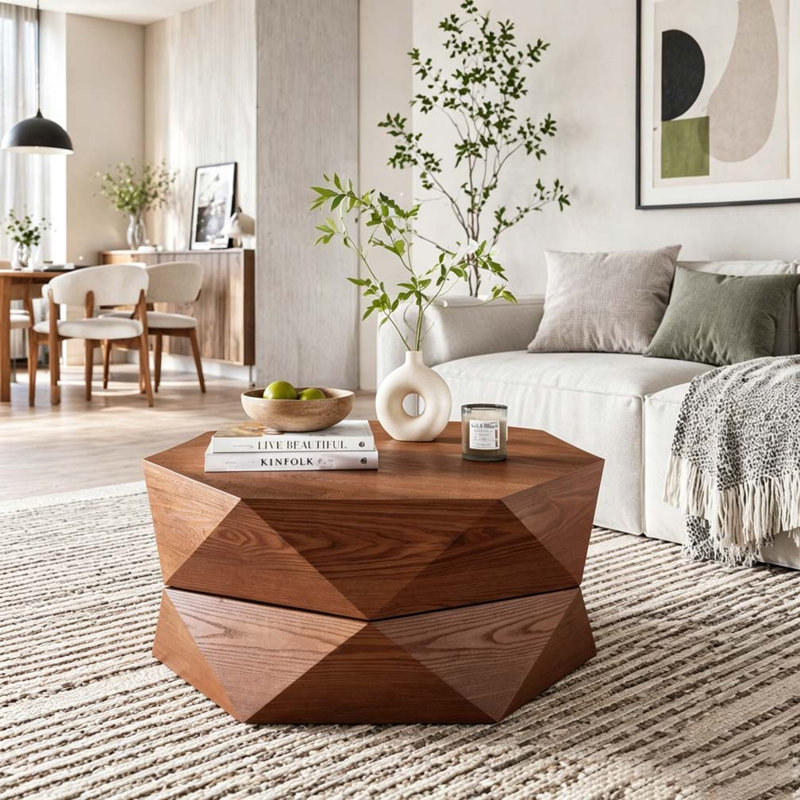Table basse 36,61 po style rétro Polygon, table basse cylindrique en placage de bois massif, Reddish Brown