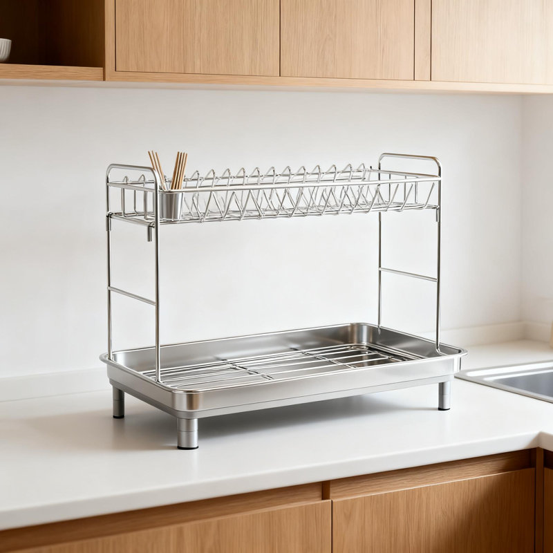 2-Tier Stainless Steel Dish Drying Rack With Automatic Drainage, Utensil Holder And Cup Storage, Space Saving Kitchen Counter Dish Drainer Organizer