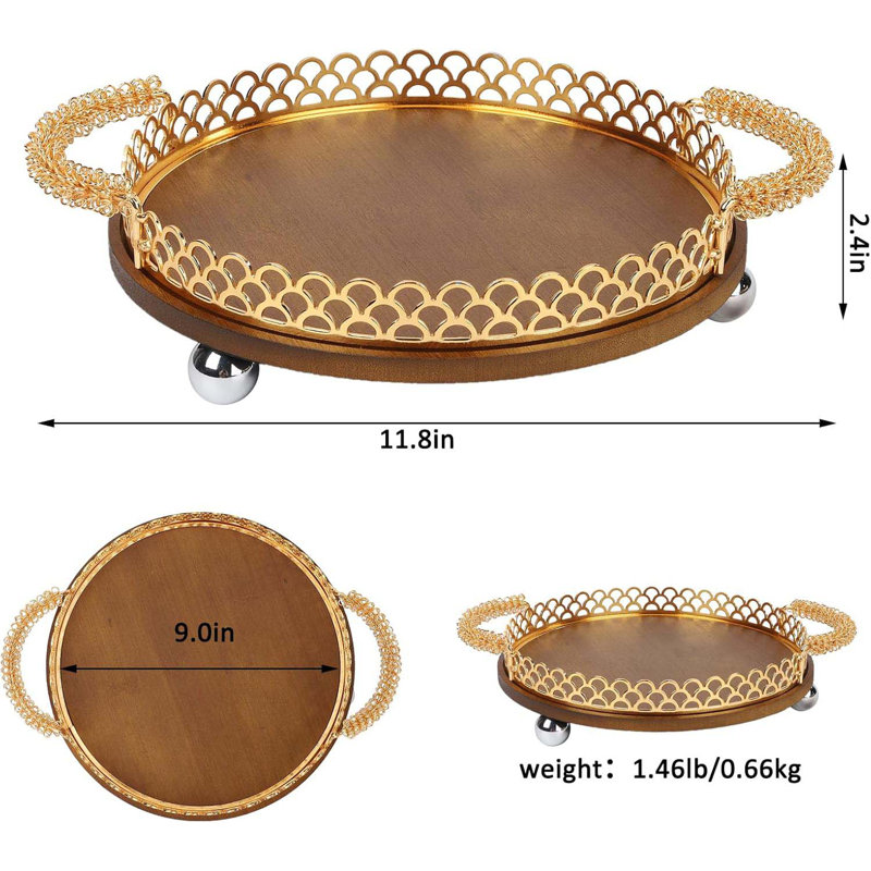 Round Decorative Wooden Tray With Metal Handles 9 In Fish Scale Decorative Serving Trays Bottom Plush Suitable For Any Table Decoration Multifunctional Circular Tray With Handle