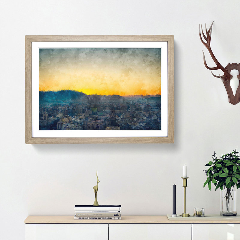 Sunset over Malaga in Spain - Picture Frame Painting Print, 62cm H x 87cm W x 2cm D, Oak Framed