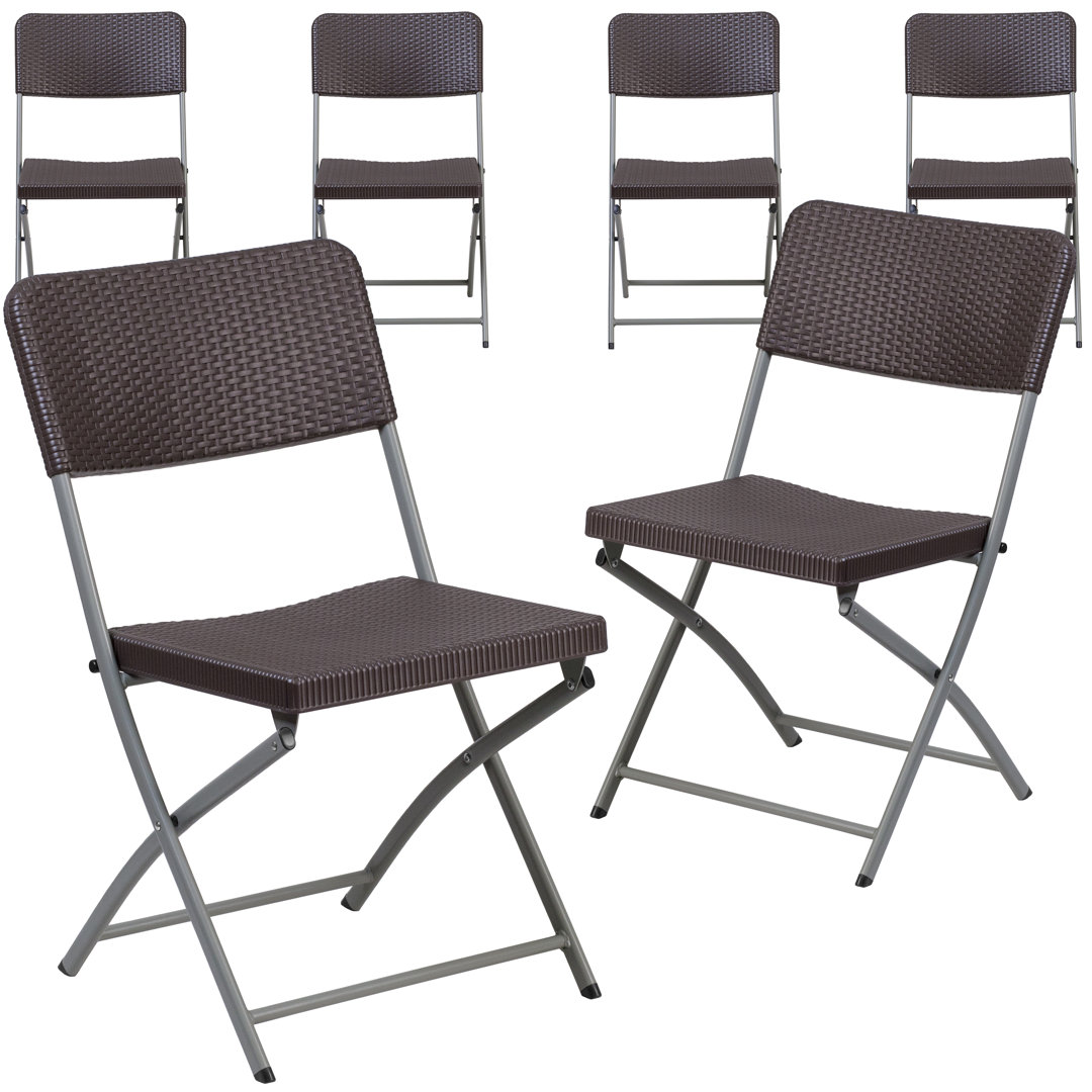 Johnson Brown Rattan Plastic Folding Chair with Gray Frame - Event Chair (Set of 6) Flash Furniture