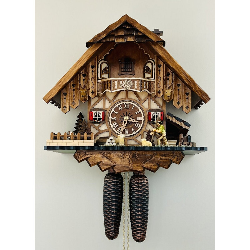  Eight Day Cuckoo Clock – 13.5 in Height – Chalet Volksmarcher with Moving Walker Design