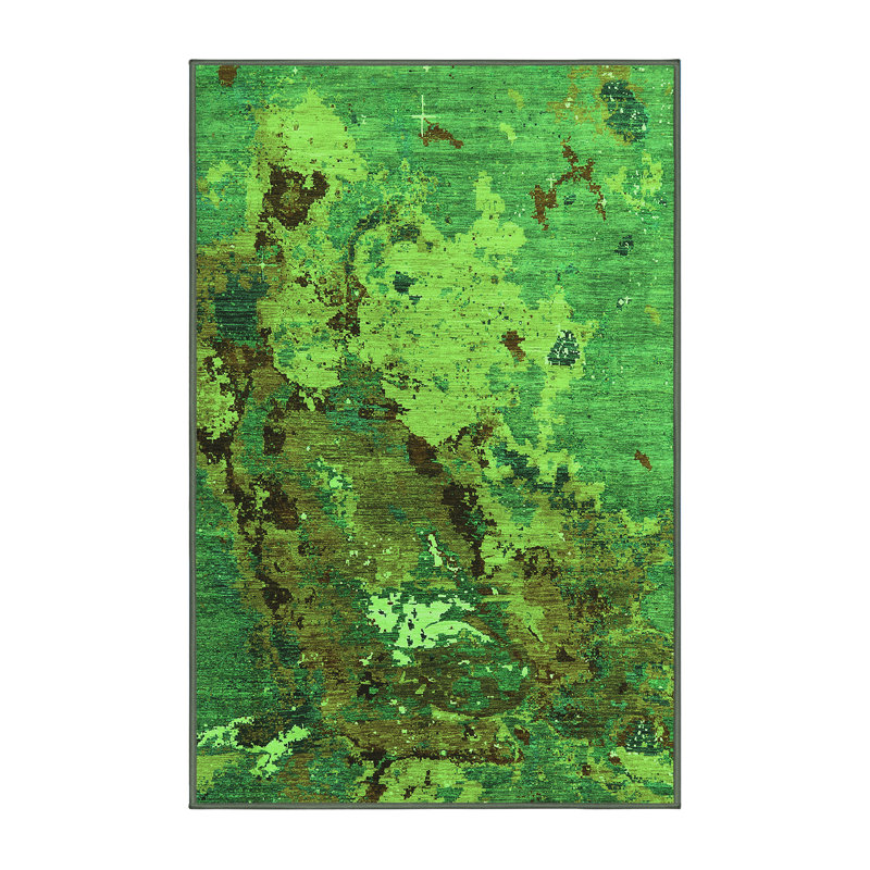 Tapis abstrait en chenille / polyester tissé à la machine en vert / brun / jaune, Tapis de couloir 2 pi x 5 pi
