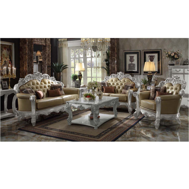 Chaise Vendome avec 2 coussins, similicuir os et finition argent patinée