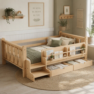 Wooden Montessori Floor Bed with Bookshelves and Stairs and Guardrails and Drawers