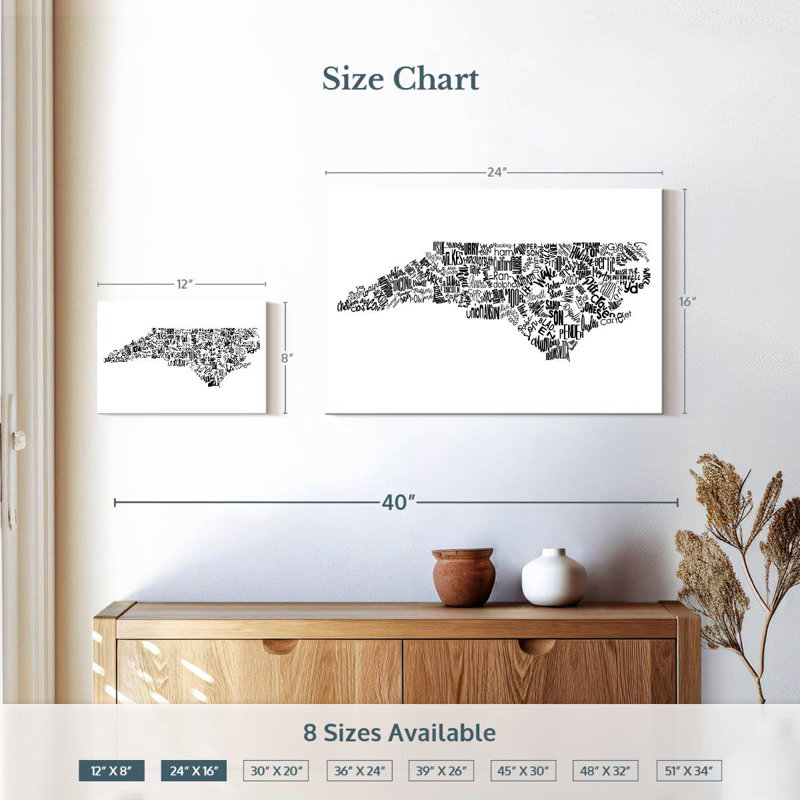 North Carolina Map Typography, 16" H x 24" W