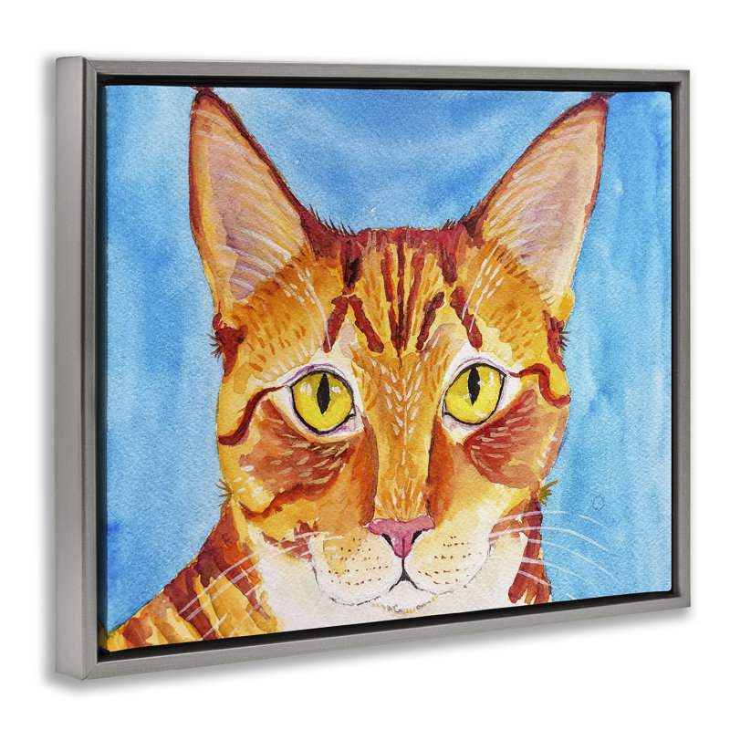 Chat audacieux sur cadre flottant bleu, conception par Tatiana Roberts, Cadre flottant gris lustré, H 17 po x l 21 po