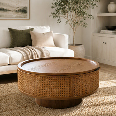 Round Storage Coffee Table, Rattan Wicker Drum Coffee Table with Removable Lift-Off Lid Hidden Storage, 30.71"W x 13.98"H Wooden Pedestal Center Table for Boho Farmhouse Living Room