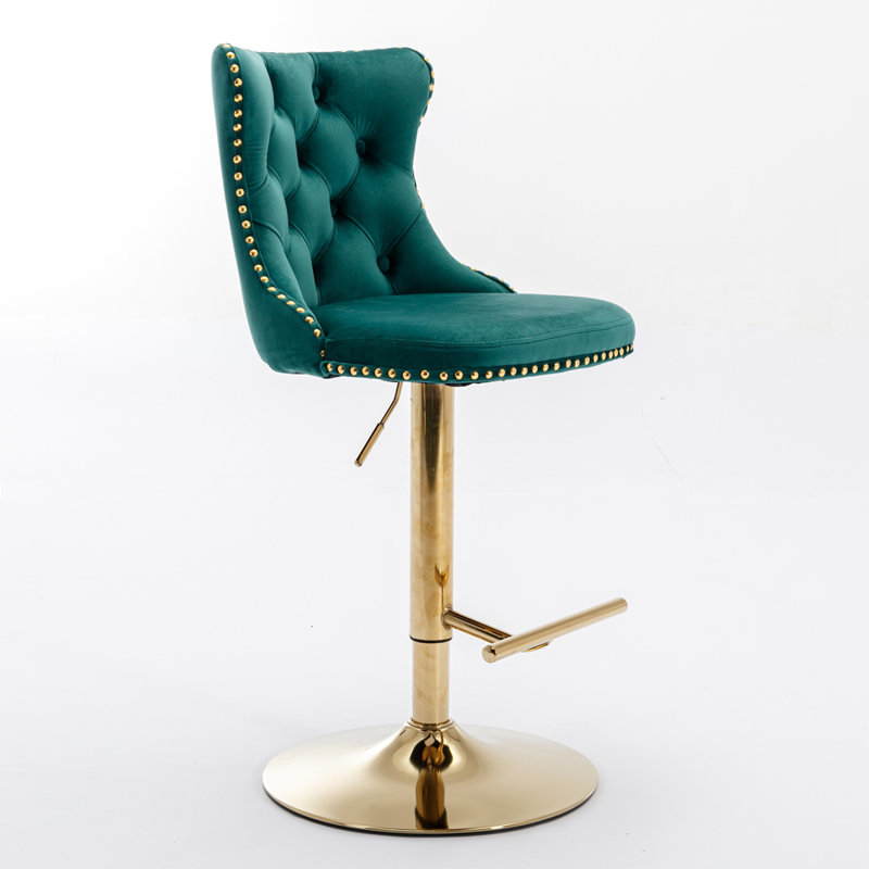 Swivel Velvet Barstools with Adjusatble Seat Height, Green, Gold