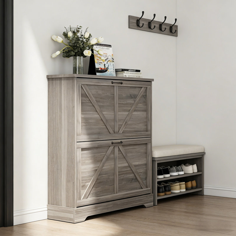 Premium Wooden Shoe Cabinet For Home, Gray, 37" H x 37" W x 9.5" D