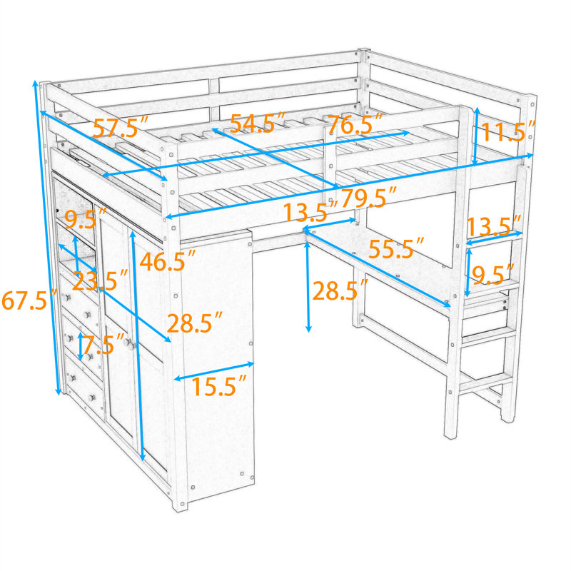 Lit mezzanine double avec garde-robe et bureau, Gris