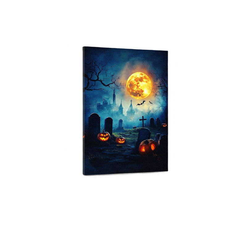 Impression sur toile de citation bleue gothique avec lanternes citrouilles incandescentes, art mural de qualité supérieure pour le salon, 32 x 24 po