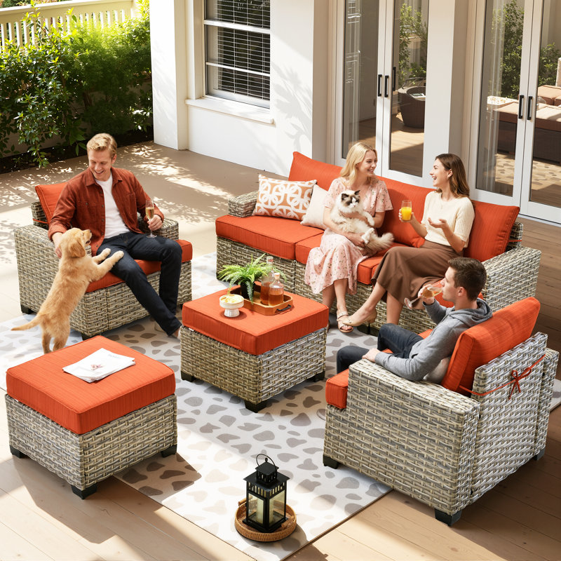 Outdoor Furniture 7 Pieces Set With Ottoman, Orange