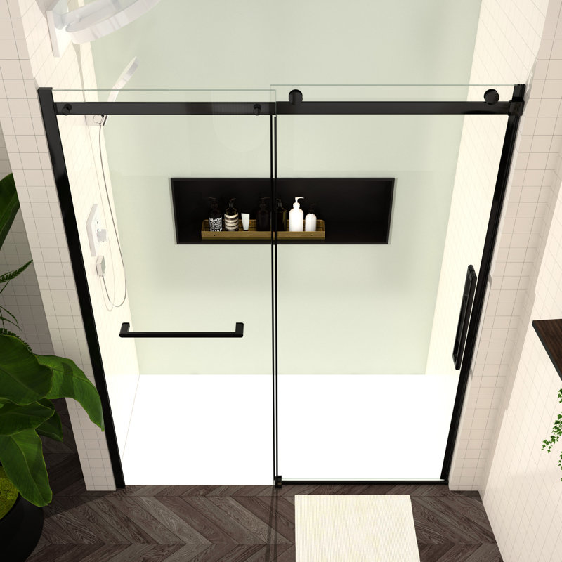 Porte de douche de salle de bain de 56 à 60 po x H 76 po, verre trempé, serrure noir mat, système coulissant lisse, revêtement facile à nettoyer, verre contemporain de 76 po de hauteur, poignée à tirer, action, idée de rénovation