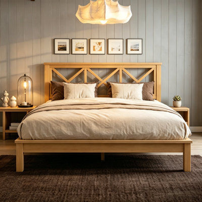 Lit plateforme double avec tête de lit en X, base de lit en bambou avec lattes de soutien, lit plateforme moderne de style Mid-Century pour chambre à coucher, chambre d'amis, aucun sommier nécessaire, naturel.