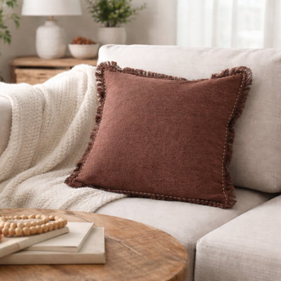 Linen Throw Pillow with Hand Worked Edges & Fringe | 22X22"