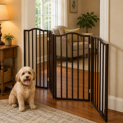 Brown Curved Solid Wood Folding Pet Gate – Freestanding, No-Install Design; Portable Dog Barrier for Stairs and Entryways